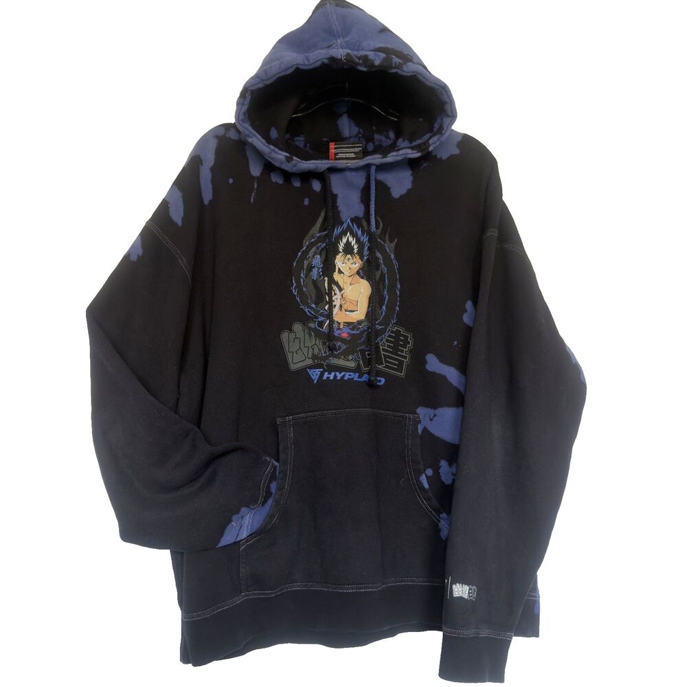 RARE Hypland Hiei Yu Yu Hakusho Hoodie Men L Black Blue Tie Dye Anime Sweatshirt